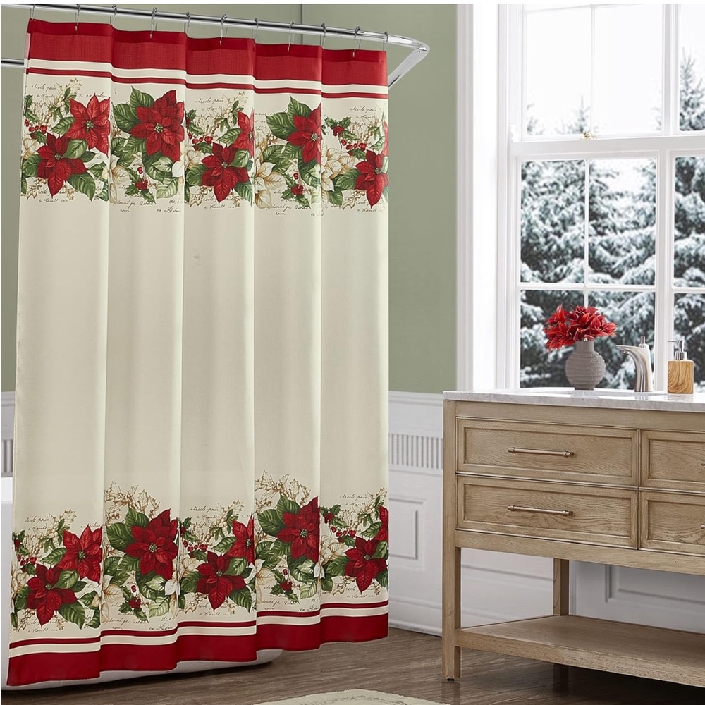 Red and White, 70 Inches x 72 Inches
Christmas, Poinsettias, Shower Curtain